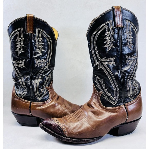 Tony Lama Other - Tony Lama Two Tone Cowboy Boots 8.5D Brown Black Lizard Toe Vintage As Is